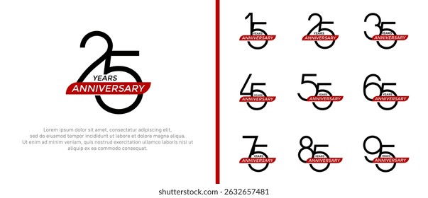 set of anniversary logo black color and red ribbon on white background for celebration moment
