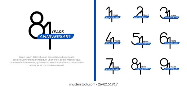 set of anniversary logo black color and blue ribbon on white background for celebration moment