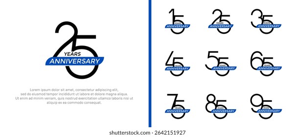 set of anniversary logo black color and blue ribbon on white background for celebration moment