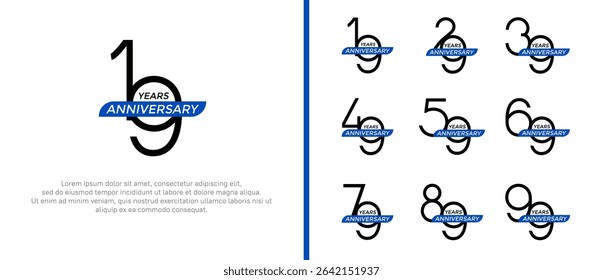 set of anniversary logo black color and blue ribbon on white background for celebration moment