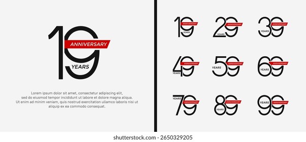 set of anniversary logo black color and red ribbon on white background for celebration moment