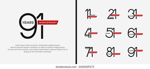 set of anniversary logo black color and red ribbon on white background for celebration moment