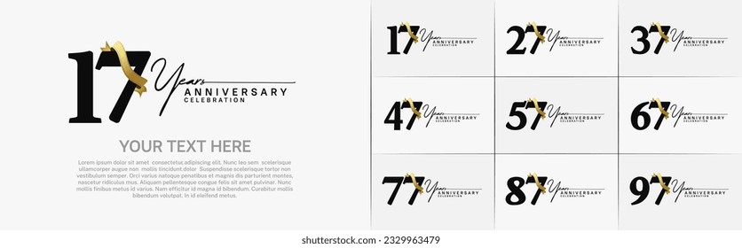 set of anniversary logo with black number and golden ribbon can be use for celebration