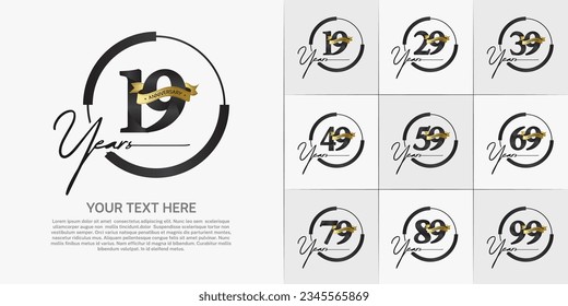 set of anniversary logo with black number in circle and golden ribbon can be use for celebration
