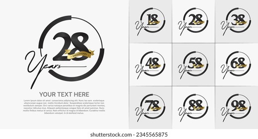 set of anniversary logo with black number in circle and golden ribbon can be use for celebration