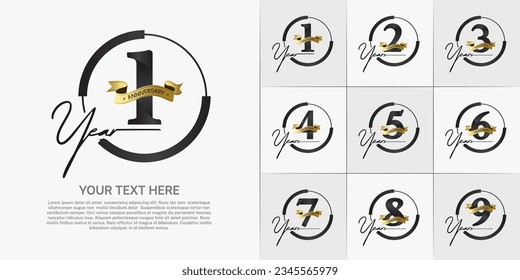 set of anniversary logo with black number in circle and golden ribbon can be use for celebration