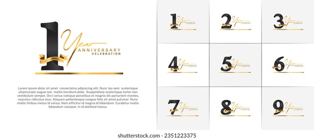 set of anniversary logo with black number and gold ribbon, handwriting text can be use for celebration