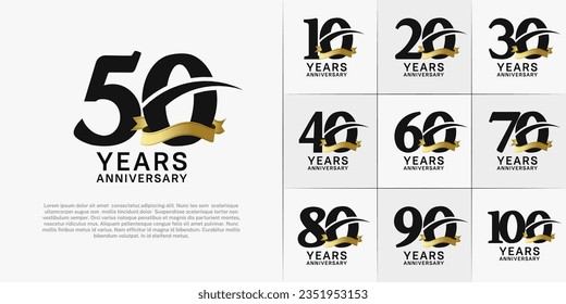 set of anniversary logo with black number and golden ribbon can be use for celebration