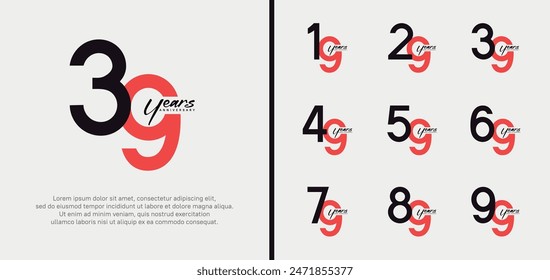 conjunto de logotipo de aniversario número de color negro y rojo en el fondo blanco para la celebración