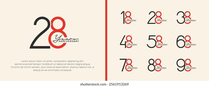 set of anniversary logo black and red color on white background for celebration moment