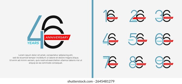 set of anniversary logo blue, black color and red ribbon on white background for celebration moment