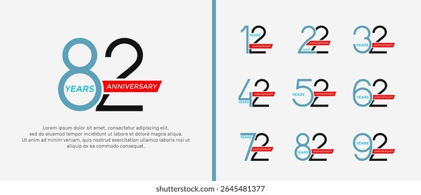 set of anniversary logo blue, black color and red ribbon on white background for celebration moment