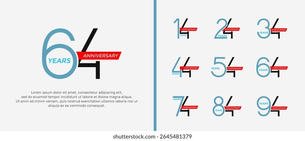 set of anniversary logo blue, black color and red ribbon on white background for celebration moment
