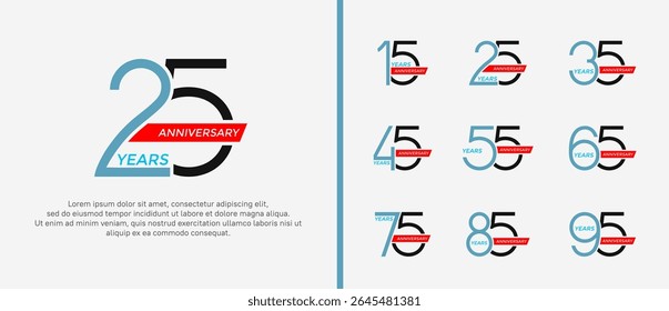 set of anniversary logo blue, black color and red ribbon on white background for celebration moment