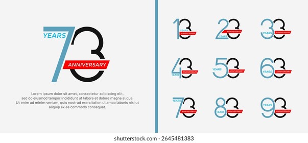 set of anniversary logo blue, black color and red ribbon on white background for celebration moment