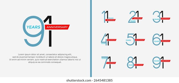 set of anniversary logo blue, black color and red ribbon on white background for celebration moment