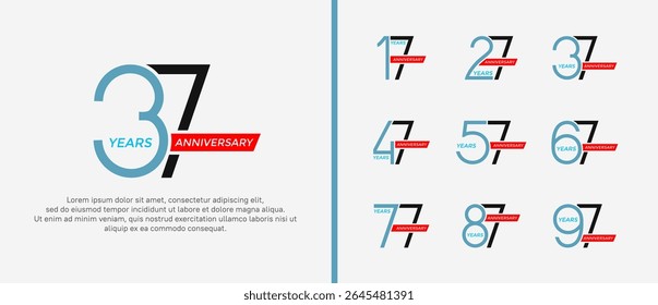set of anniversary logo blue, black color and red ribbon on white background for celebration moment