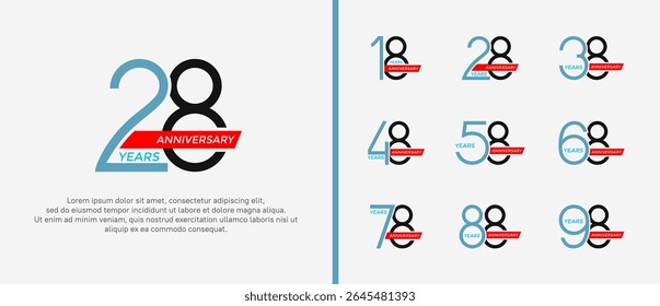 set of anniversary logo blue, black color and red ribbon on white background for celebration moment