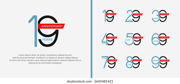 set of anniversary logo blue, black color and red ribbon on white background for celebration moment