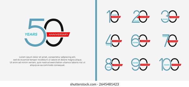 set of anniversary logo blue, black color and red ribbon on white background for celebration moment