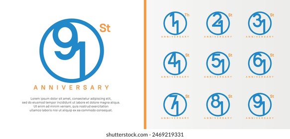 set of anniversary logo blue color number in circle and orange text on white background for celebration