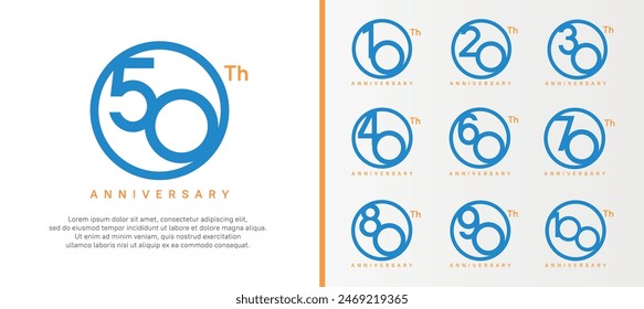 set of anniversary logo blue color number in circle and orange text on white background for celebration