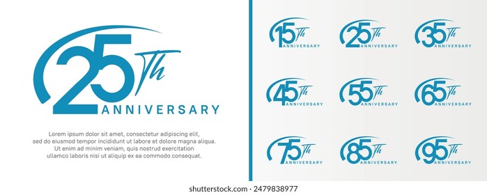 set of anniversary logo blue color number and swoosh on white background for celebration