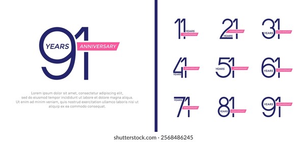 set of anniversary logo blue color and pink ribbon on white background for celebration moment