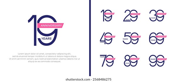 set of anniversary logo blue color and pink ribbon on white background for celebration moment