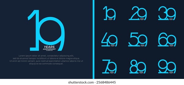 set of anniversary logo blue color on dark blue background for celebration moment