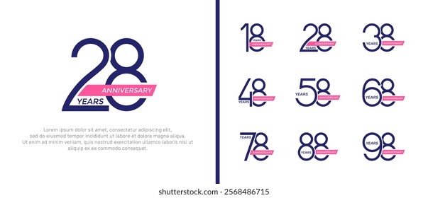 set of anniversary logo blue color and pink ribbon on white background for celebration moment