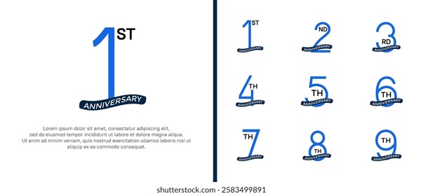set of anniversary logo blue color and ribbon on white background for celebration moment