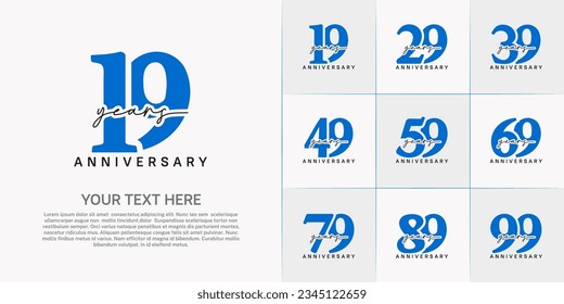 set of anniversary logo with blue number and black handwriting text can be use for celebration