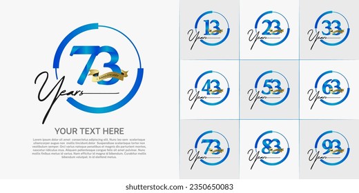 set of anniversary logo with blue number in circle and golden ribbon can be use for celebration