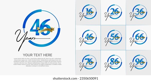 set of anniversary logo with blue number in circle and golden ribbon can be use for celebration