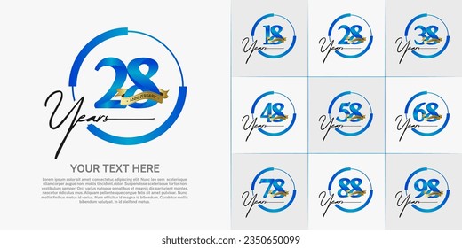 set of anniversary logo with blue number in circle and golden ribbon can be use for celebration