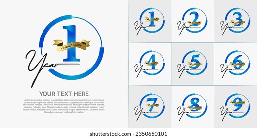 set of anniversary logo with blue number in circle and golden ribbon can be use for celebration