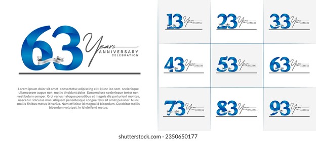 conjunto de logo de aniversario con número azul y cinta de plata, texto de escritura a mano se puede usar para celebración