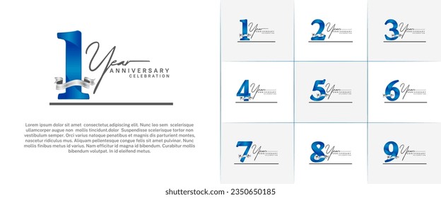 set of anniversary logo with blue number and silver ribbon, handwriting text can be use for celebration