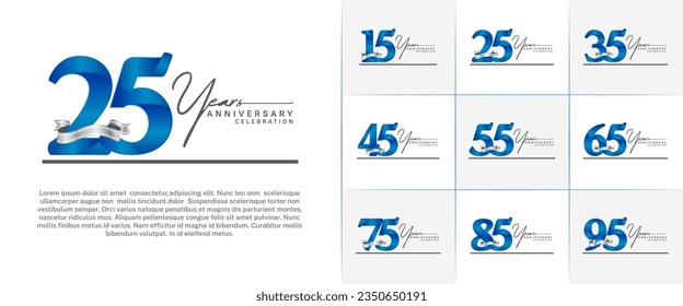 set of anniversary logo with blue number and silver ribbon, handwriting text can be use for celebration