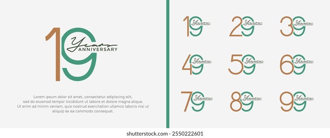 set of anniversary logo brown and green color on white background for celebration moment