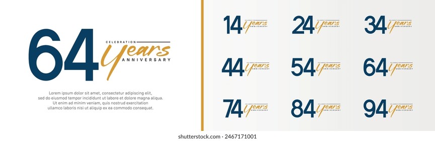 set of anniversary logo dark blue color number and orange text on white background for celebration