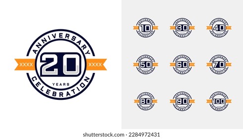 Set of anniversary logo design. 10, 20, 30, 40, 50, 60, 70, 80, 90, 100,  birthday badge collection. Celebration emblem template