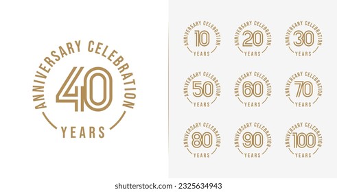 Set of anniversary logo design. 10, 20, 30, 40, 50, 60, 70, 80, 90, 100, birthday symbol with minimalist style. Elegant celebration template collections