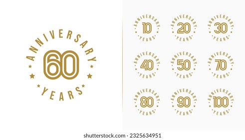 Set of anniversary logo design. 10, 20, 30, 40, 50, 60, 70, 80, 90, 100, birthday symbol with luxury style. Minimalist celebration template collections