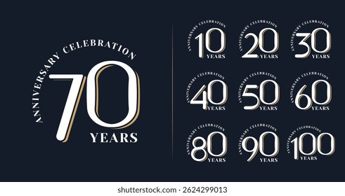 Conjunto de design de logotipo de aniversário. 10, 20, 30, 40, 50, 60, 70, 80, 90, 100, coleções de símbolos de aniversário com vintage e estilo elegante. Vetor de modelo de idade