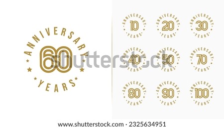 Set of anniversary logo design. 10, 20, 30, 40, 50, 60, 70, 80, 90, 100, birthday symbol with luxury style. Minimalist celebration template collections