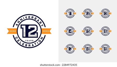 Set of anniversary logo design. 11, 12, 13, 14, 15, 16, 17, 18, 19, birthday badge collection. Celebration emblem template