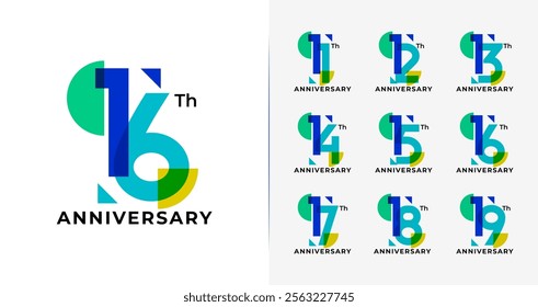 Set of anniversary logo design. Birthday number with abstract and geometric concept. Colorful celebration vector