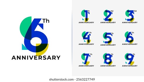 Set of anniversary logo design. Birthday number with abstract and geometric concept. Colorful celebration vector